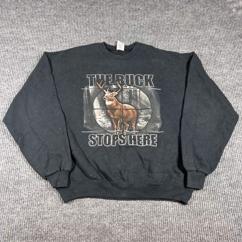 Vintage Jerzees Sweatshirt Men's L The Buck‎ Stops Here Deer Hunting Black